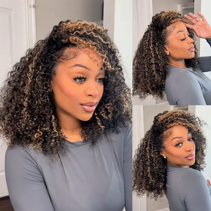 【Wear Go Half Wig】 ISEE HAIR Wear Go Half Wig Highlight Brown Kinky Curly Draw-strings InvisiFit Strap Flip Over Wig Adjustable Fit Vacation Hair #SummerWins #DealsForYouDays