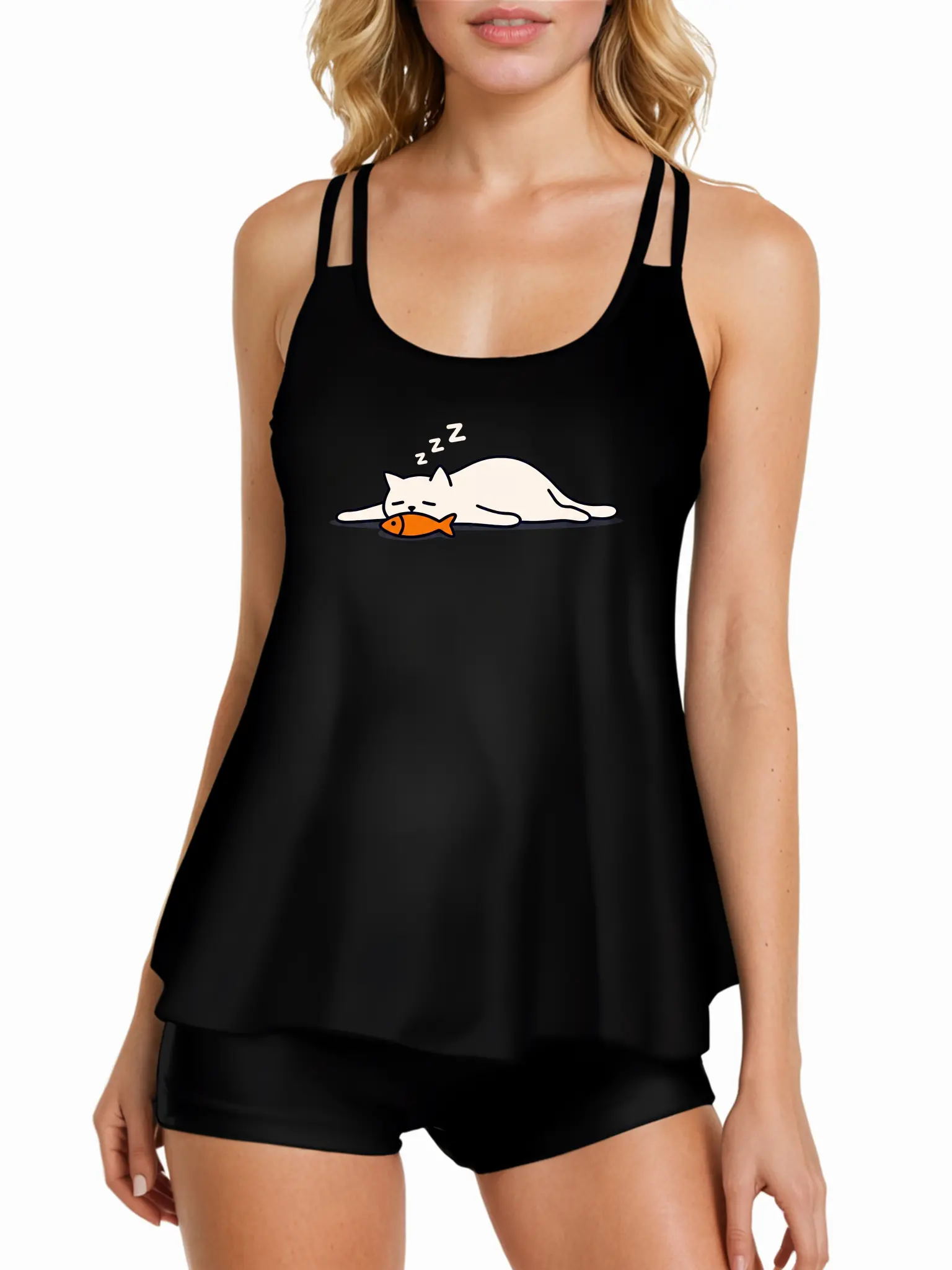 Cute Sleeping Cat Bikini Set Women Double Strap Two Piece Swimsuit Kawaii Fish Graphic Loungewear Summer Beach Vacation Swimwear