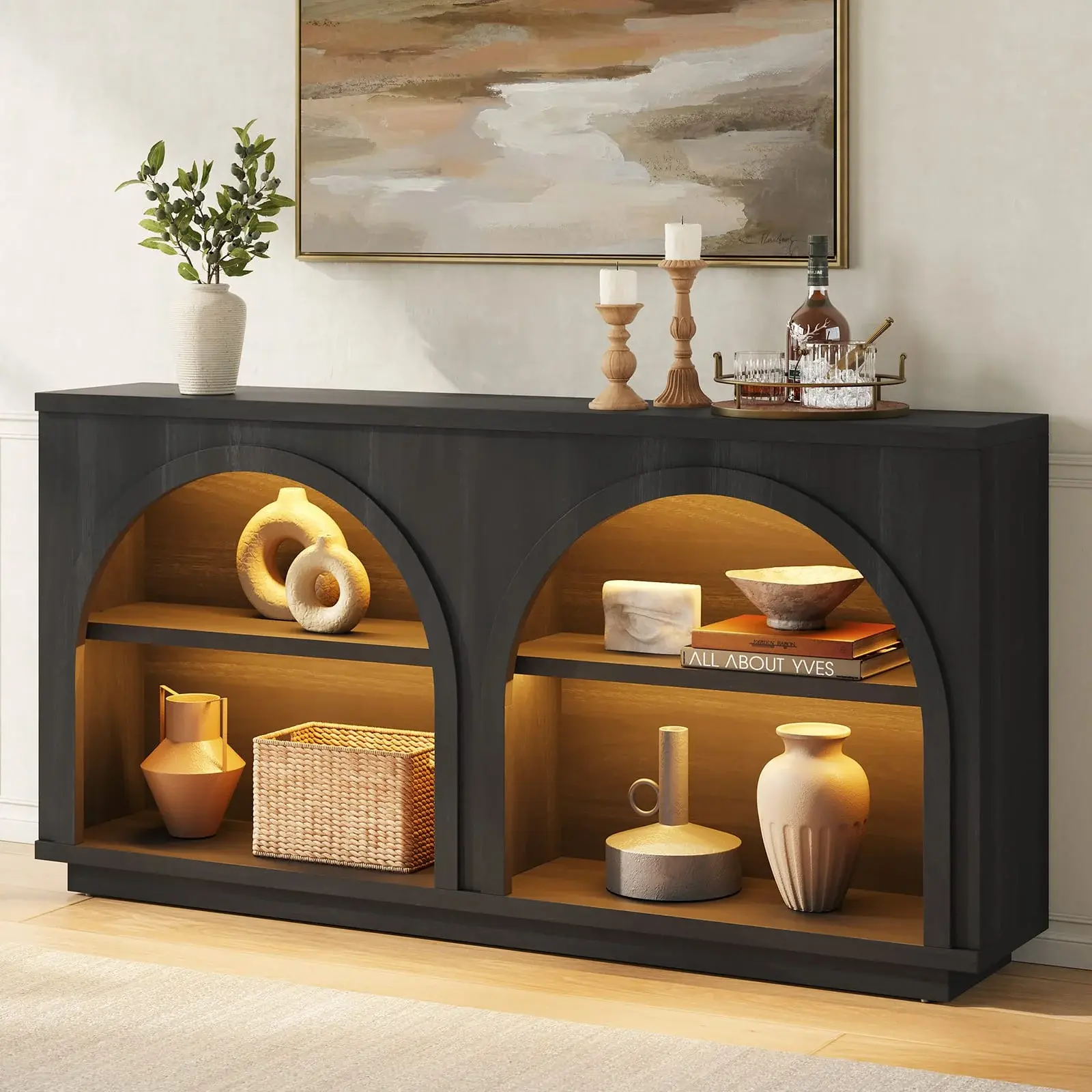 SIKAIC Matte Black Multi-Layer Pedestal Unit with Integrated Accent Illumination Stripes, Modern Mid-Century Narrow Silhouette Base with Elegant Curved Geometric Frame for Hallway Placement