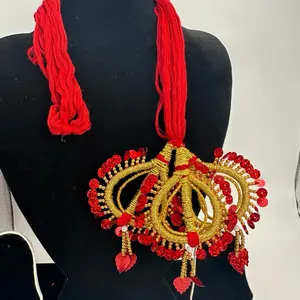 Red Traditional Nepali Lachha Dori Dhago Necklace with Colorful Beads and Tassels