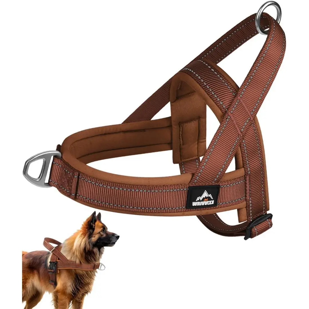 Heavy-Duty No-Escape Dog Harness, Brown Padded Triangular Vest Design, Adjustable Training Harness with Easy Buckles for Small to Large Breeds, Walking and Training (Khaki, XL)