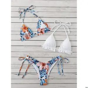 tiktokSwimSummerBeachRandomTropicalPrintBikiniSetFrillTrimHalterTriangleBraTop TieSideBikiniBottom3PiecesBikini