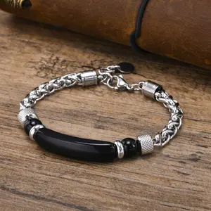 Non-Fading Hot-Selling Titanium Steel Tiger Eye Stone Bracelet Round Polished Chain Stainless Steel Cuban Chain Black Stone Men's Jewelry