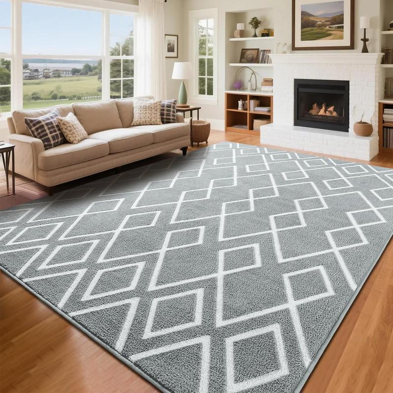 7x10 Soft Area Rug for Bedroom, Moroccan Style Rugs for Living Room, Geometric Non-Slip Carpet with Memory Foam for Bedside Office Dorm Hallway,Black, Navy Blue, Grey, Brown, Purple, Grey, 4x6, 5x7, 6x9, 7x10 Feet rugs living room