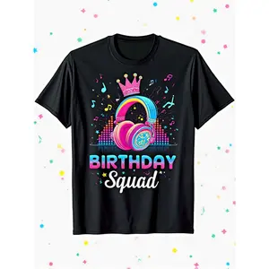 Kids Birthday Squad Rockstar Music Party T-Shirt with Headphones & Microphone Graphics, Neon Music Notes & Birthday Crown - 100% Cotton Comfort Fit Boys & Girls 5 Age/SIZE CHART (47/24/62/99 inch) for Music-Themed Birthday Outfit, Princess  (3-13Y)