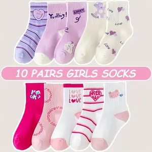 [Cute Heart  Socks] 10 Pairs Girls' Heart  Mid-Calf Socks |               Soft Polyester Blend, Cute Cartoon & Textured Design, All-Season Comfort, Hand Wash Only, Casual Wear for Youngsters & Teens suit kids set blue print