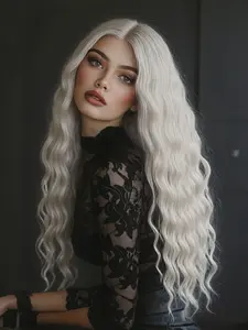 Ivory White Long Wavy Synthetic Lace Front Wig 13x4 HD Lace Front Wig  Hair For Daily Use Party For Halloween For Christmas For Music Festival 32 Inch Extra Long Length No Bangs