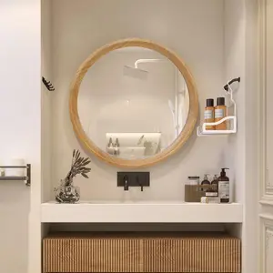 Sleek Wooden Framed Round Vanity Mirror, Smooth Glass, Warm Natural Style, Durable Structure for Small Corner Household Decor Spaces