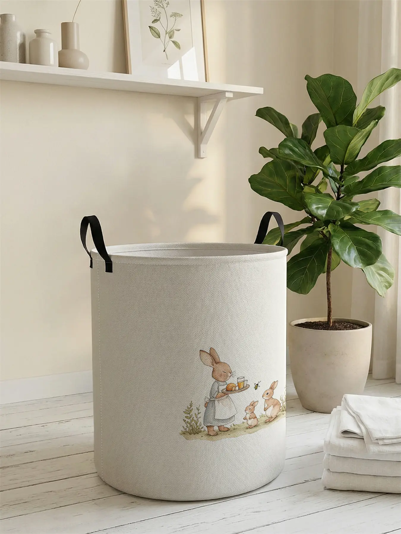 1 piece of rabbit illustration pattern 2D printed Easter with handle laundry basket, made of wear-resistant material, foldable household dirty clothes storage basket, large capacity laundry storage basket, toy storage box