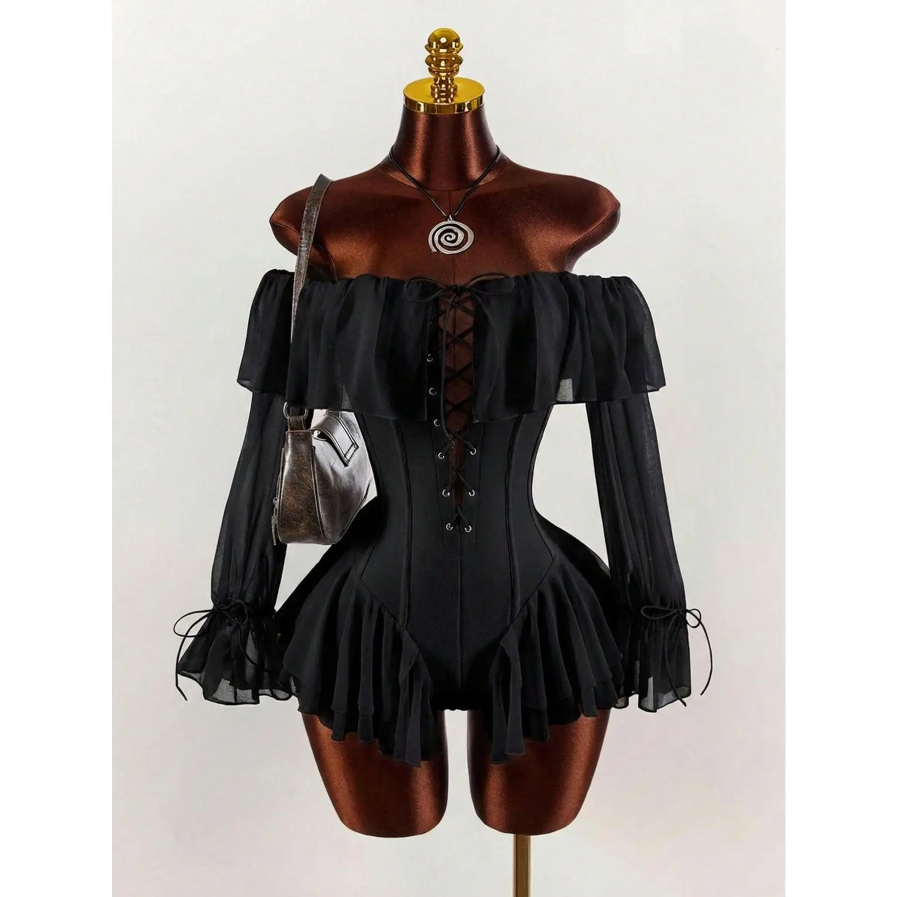 Romantic Vacation Off-Shoulder Ruched Waist Grommet Eyelet Lace Up A-Line Jumpsuit For Women