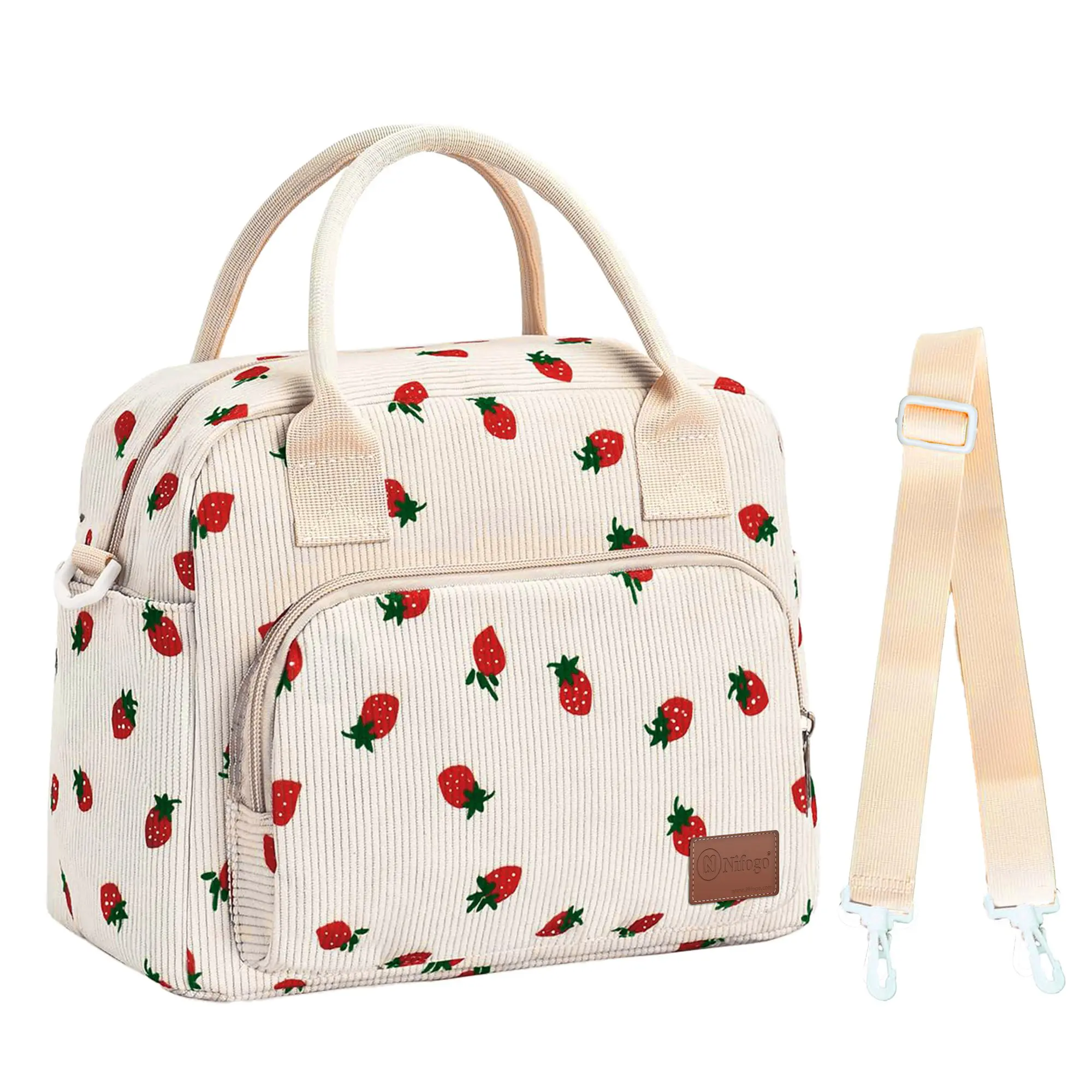 Nifogo Strawberry Plaid Pattern Insulated Lunch Bag Reusable Leakproof Cooler Tote Waterproof Thermal Cold Preservation with Adjustable Shoulder Strap for Women Men Office Work Picnic Hiking Beach Travel