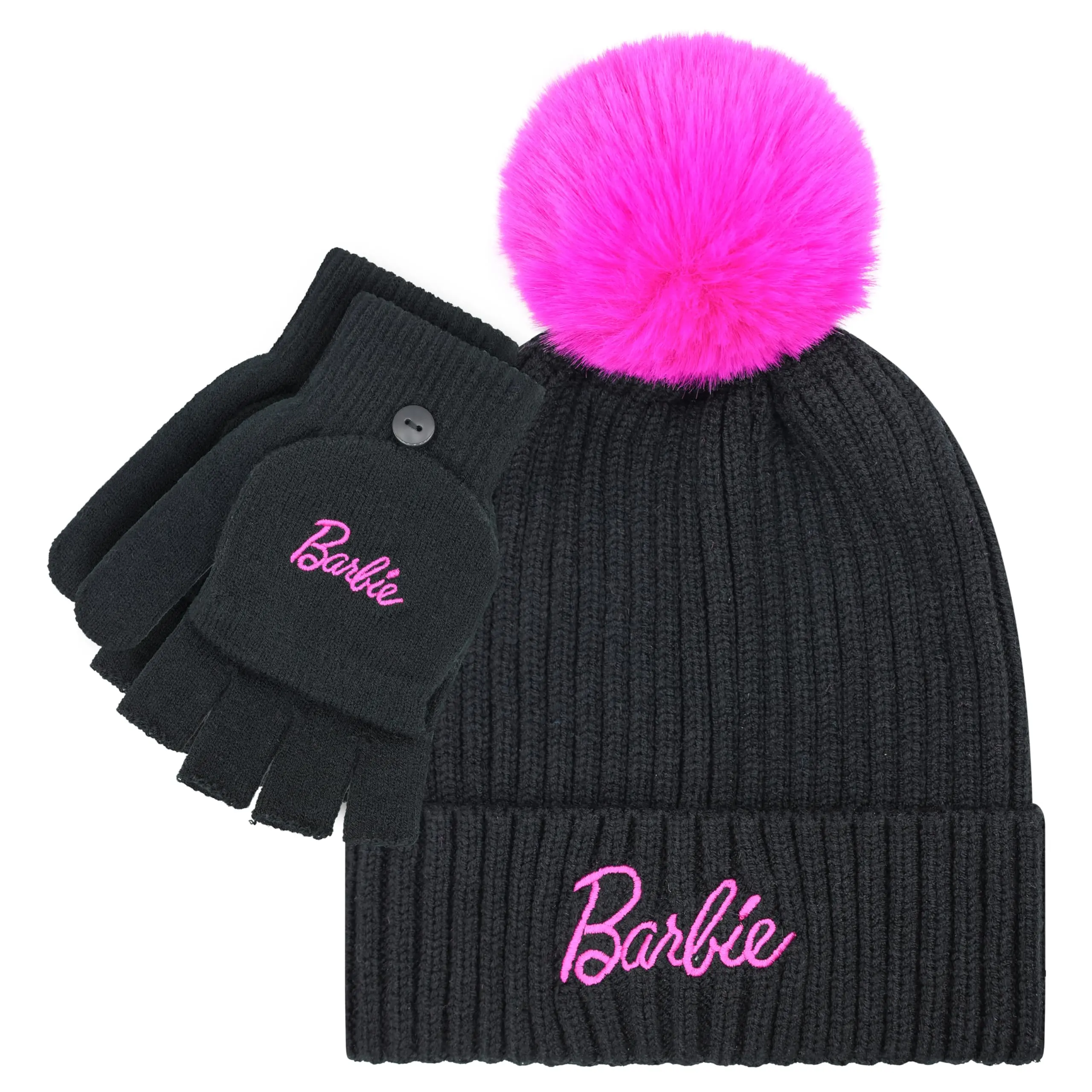Barbie Winter Hat for Women – Winter Beanie Hats for Women with Gloves, Warm Beanie Hats, Pink Knitted Beanie