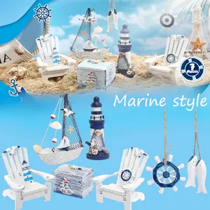 7-Piece Mini Wooden Nautical Ocean-Style Ornaments Set with Hanging Rope - Sailboat, Lighthouse, Anchor, Fish, Starfish Models, Blue & White, for Wall Decor, Aquarium Tank Landscape, Home Decor Party Gifts, Seven Pieces