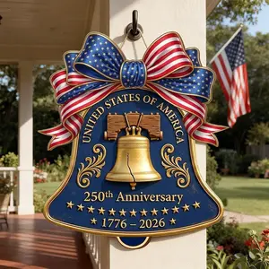 USA 250th Anniversary Wooden Liberty Bell Sign: 1776-2026 Decor, Patriotic Door Hanger 10in