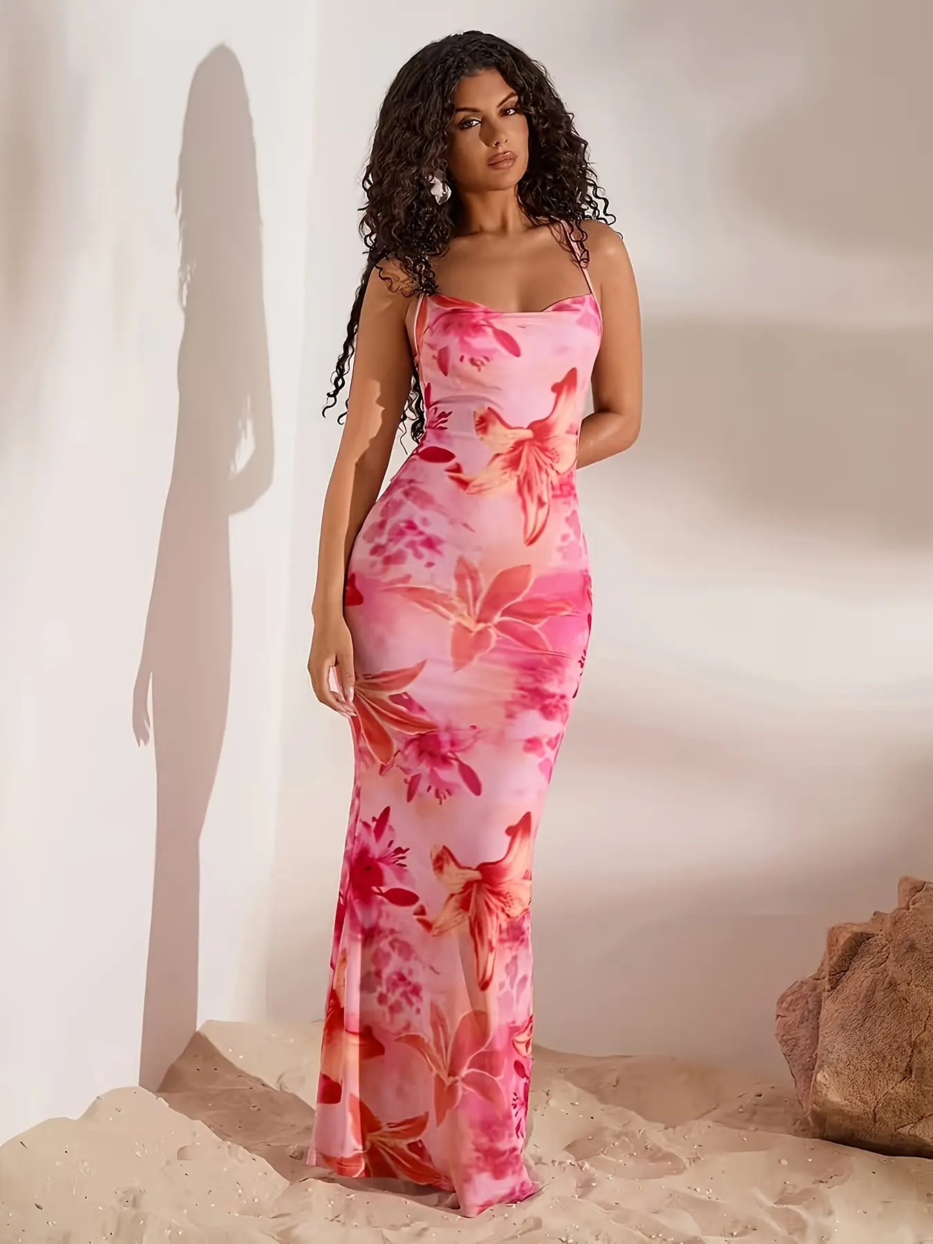 Plus Size Bohemian Drape Neck Long Dress | Pink Floral Print, Backless Cross Strap, Elegant Bodycon Fit for Valentine'S Day Outfit