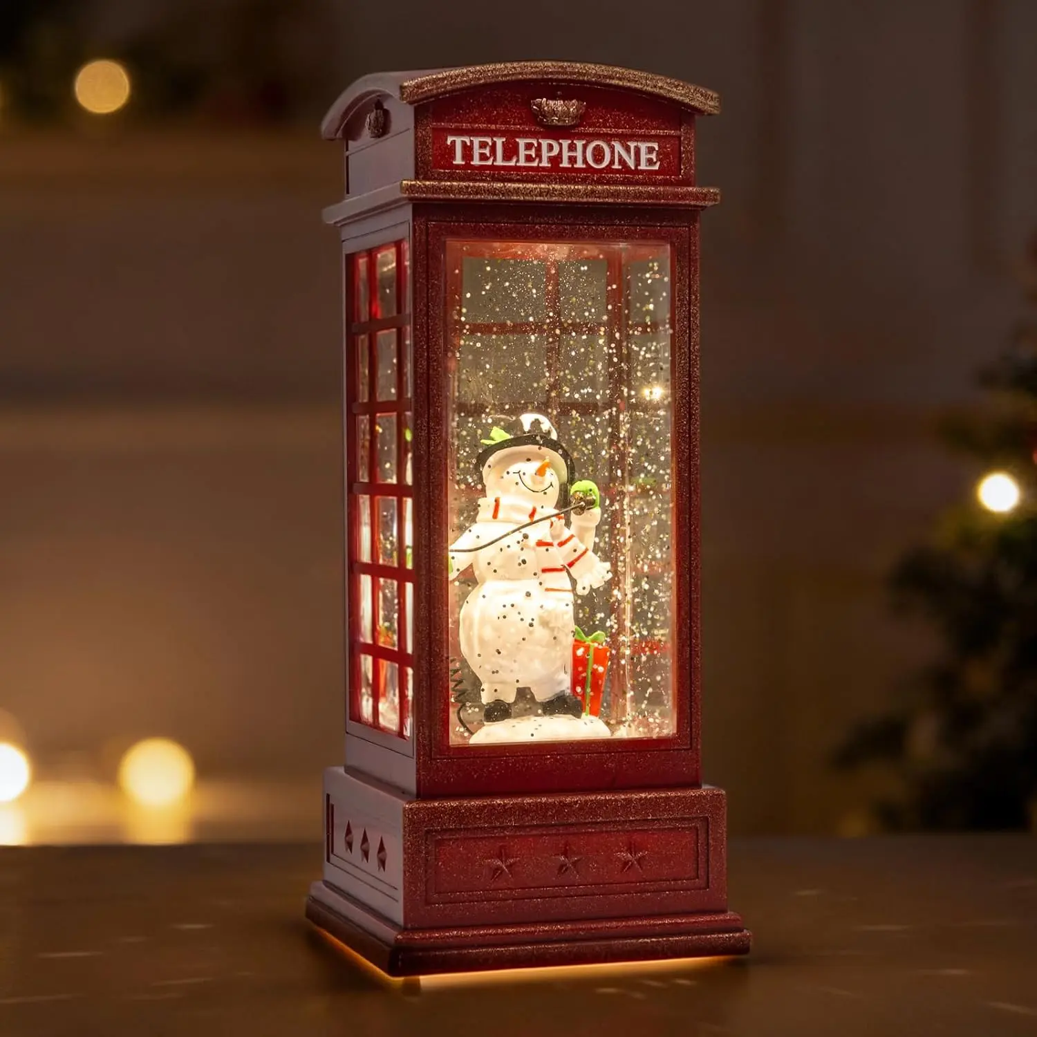 Large Snow Globe Snowman Christmas Lantern - Vintage Phone Booth Glitter Music Box with 8 Songs, 6H Timer, Battery & USB Powered for Christmas Table Decor
