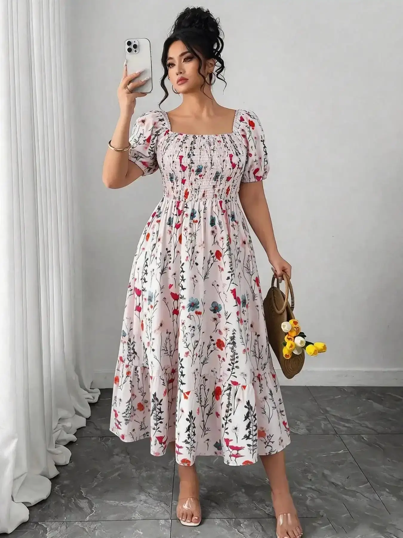 Plus Size Women's Floral Dress, Casual Loose Fit Square Neck Long Dress, A-Line Ruched Summer Dress, Beach Vacation, Date Night, Party Wear, Womenswear Patterned Everyday Flowing Fashionable Flowy Modern