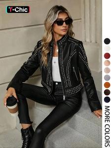 women's studded decor zip up pu leather jacket, fitted fashion casual pocket long sleeve stand collar outerwear for daily outdoor wear, ladies clothes for spring & fall, leather jacket women, clothes for women, womenswear, coat