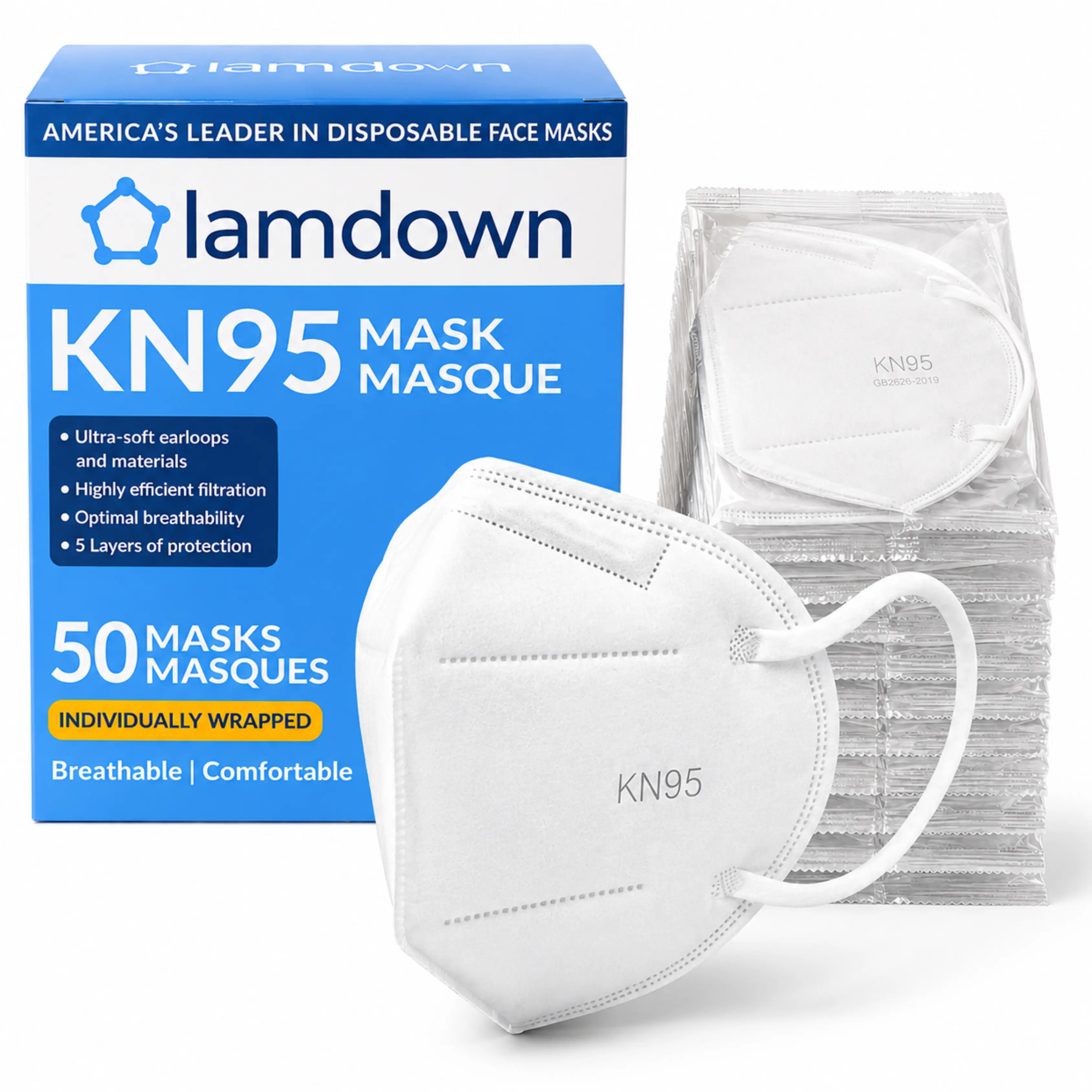 Lamdown 50 KN95 Face Masks, Individually Wrapped 5-Layer Protection
