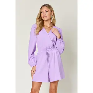 DOUBLE TAKE Full Size Lavender Drawstring Long Sleeve Romper
