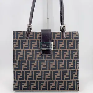 Pre-owned FENDI leather Shoulder Bags Zucca Canvas Mamma Baguette Tote Bag Black Silver Brown Auth