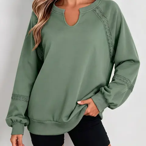 Shewin Women's Basic Lace Patchwork Raglan Sweatshirt - Long Sleeve Tops Women, Notch Split Round Neck, Ribbed Cuff, Lightweight Cotton-Polyester Blend Loose Pullover, No Front Placket, Lace-Detail Edge, Wardrobe Staples, All Seasons, Cold Wash, Black