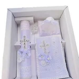 Traditional 5pcs Baptism Ceremony Candle Set - 8” Candle, Rosary, New Testament, Decorative Elements in Box for Boys & Girls (English & Spanish, White)