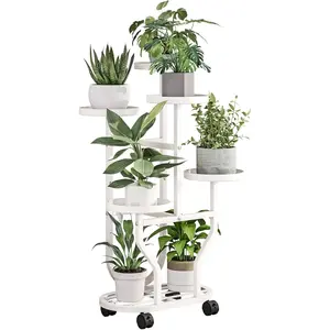 Stand 5 Tier Indoor Outdoor Metal Flower Shelf with Wheels Multi  Holder Display Rack for Garden Patio Balcony Living Room White (White, 5 Tier)