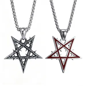Satanic Pentagram Necklace - Handmade Upside Down Thorn Pentacle Pendant, Silver/Black/Red Satanism Church Punk Gothic Men Women Jewelry Gifts, 22" Satan Goat Necklace