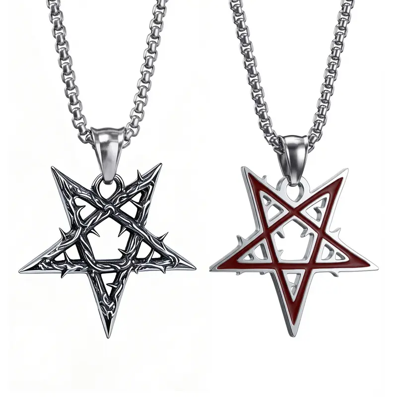 Satanic Thorned Star Necklace - Handmade 3.5cm 30g 3mm Upside Down Pentacle Pendant, 22 in Black Chain, Unisex Silver/Black/Red Satanism Punk Gothic Costume Jewelry for Adult Men Gift