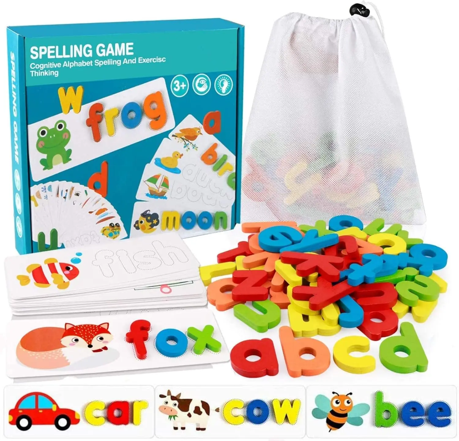 Wooden Toddler See and Spell Toy, Montessori Alphabet Matching Language Toy, See-and-Spell Learning Game with 56 Words on 28 Double-Sided Cognitive Cards, Letter Jigsaw for Preschool Education