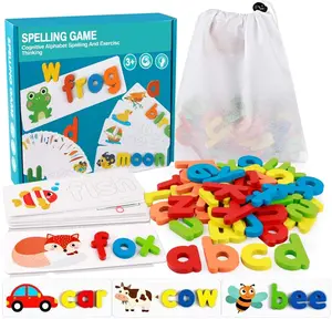 Wooden Toddler See and Spelling Learning Toy Matching Alphabet Word Game with 56 Different Words on 28 Two-Sided Cognitive Cards Letter Jigsaw Puzzle Toys for Kid’s Montessori Preschool Education
