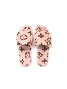 New Printed Plush Open-Toe Cotton Slippers for Women, Indoor Outdoor Non-Slip Warm Soft Sole, Couple Home Shoes