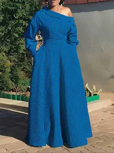 Plus Size Women's Dress, Colorblock Striped Print, Asymmetrical Neckline, Long Sleeve Fitted Shirt Dress, Pocket Design, Casual Fashion, Casual Wear, Womenswear