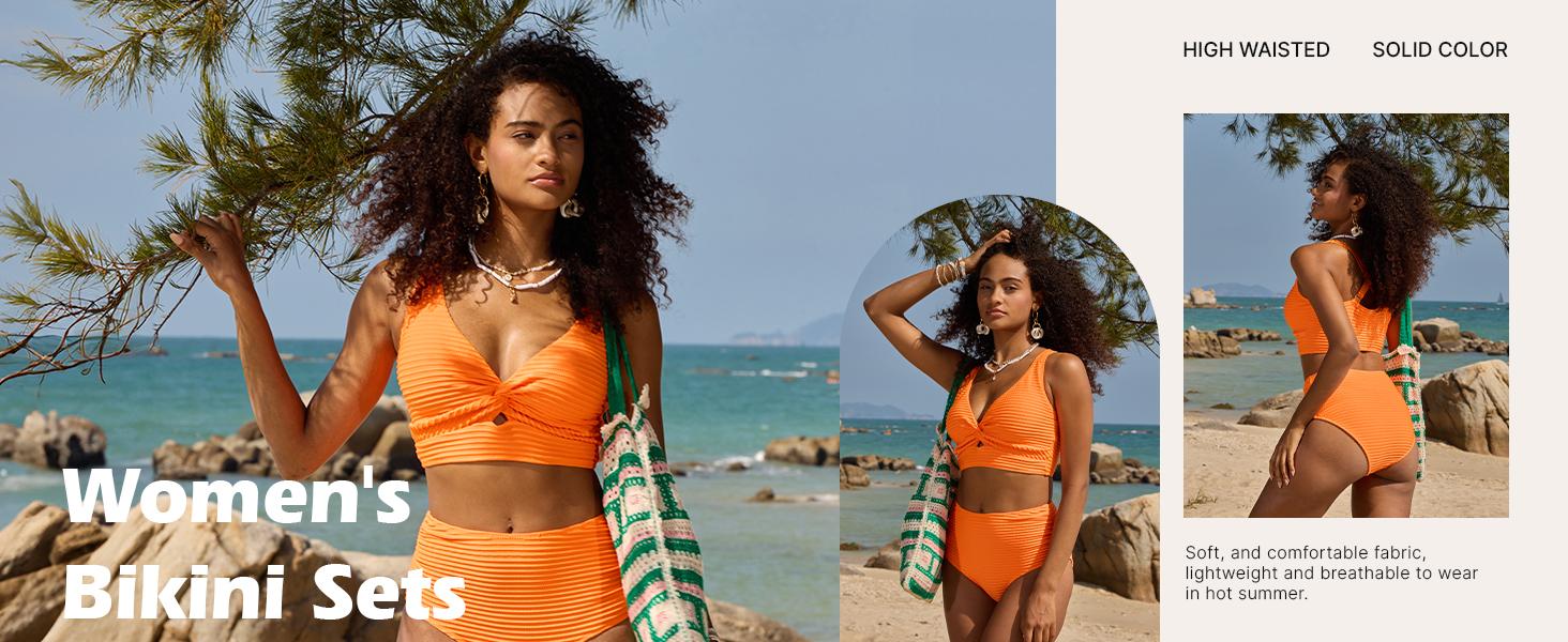 Kenne-shop Women's Textured Bikini Sets Twist Front Top Swimsuits High Waisted Bathing Suits