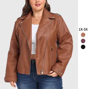 Women's Plus Size  Leather Jacket Lapel Collar Moto Biker Short Coat Jacket