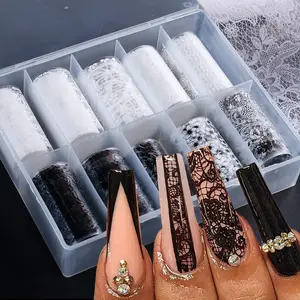 Lace Nails Art Foil Transfer Stickers Black White Flower Foil Transfers Decals Nail Supplies Starry Sky Lace Flowers Nail Foils Nails Art Adhesive