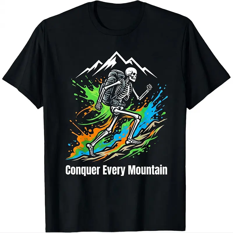Conquer Every Mountain Skeleton Hiking T-Shirt Inspirational Mountain Climber Graphic Tee