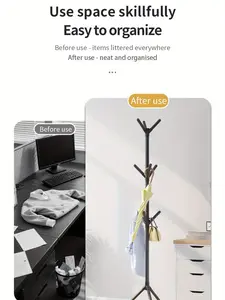 9-Hook Freestanding Coat & Hat Rack – Metal Frame with Wood Base, Tool-Free Assembly, Space-Saving Organizer for Coats, Scarves, Bags (Black/White)