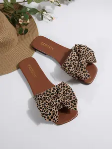 Leopard Pattern Bow Square Toe Sandals, Leopard Print Slides, Soft Sole Anti-Slip Flip Flops, Women's Summer Beach Shoes, Versatile Flat Lazy Slippers