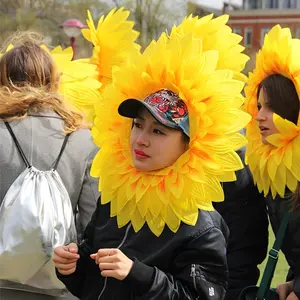Three Sunflower Headpieces, Green Leaf Gloves, And Face Frames, Fun Performance Props Featuring Bright Yellow Petals, Made of Durable Satin, Perfect for Dance And Festive Games. Dance Additions, Stage Performances, Sunflower Costumes