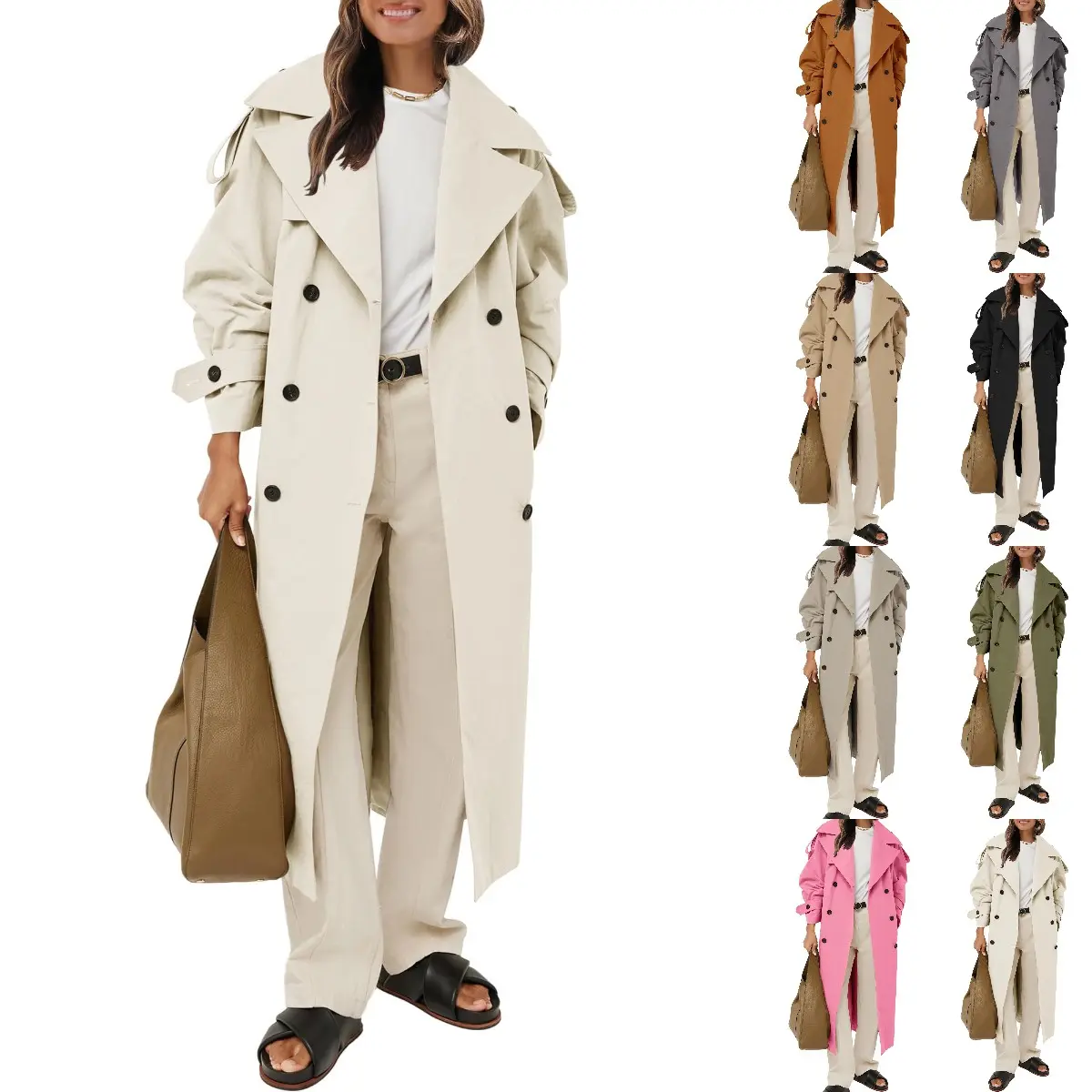 Goranbon Womens Oversized Long Trench Coat Double Breasted Lapel Windproof Overcoat with Belt