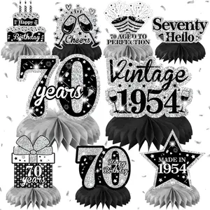 9Pcs Black Silver 70th Birthday Decorations 70th Birthday Honeycomb Centerpieces for Tables Decorations Vintage 1954 Centerpieces Table Topper Cheers to 70 Years Decor for Men Women Birthday Party