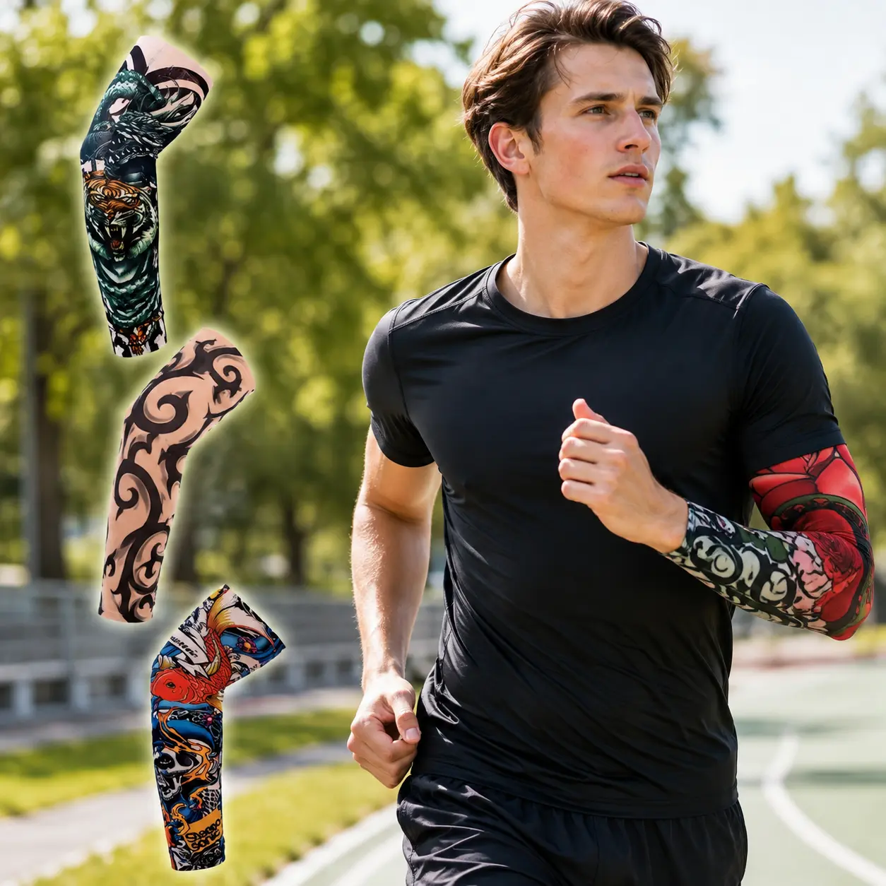 Cooling Temporary Tattoo Arm Sleeves for Men Women, 10 Pack Slip‑On Tattoo Pattern Arm Covers, Breathable Knit Sports Arm Sleeves for Cosplay Halloween Daily Sun Protection