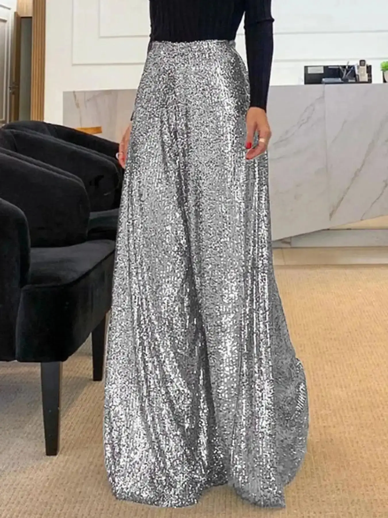 Women's Fresh Glitter Sequins Maxi Wide Leg Pants, Elegant High Waist Trousers for Party Club Show Wear, Ladies Bottoms Summer, Gym Essential, Sport Running Gear, Athletic Fit, Stretch Fabric, Comfortable Wear, excellent value