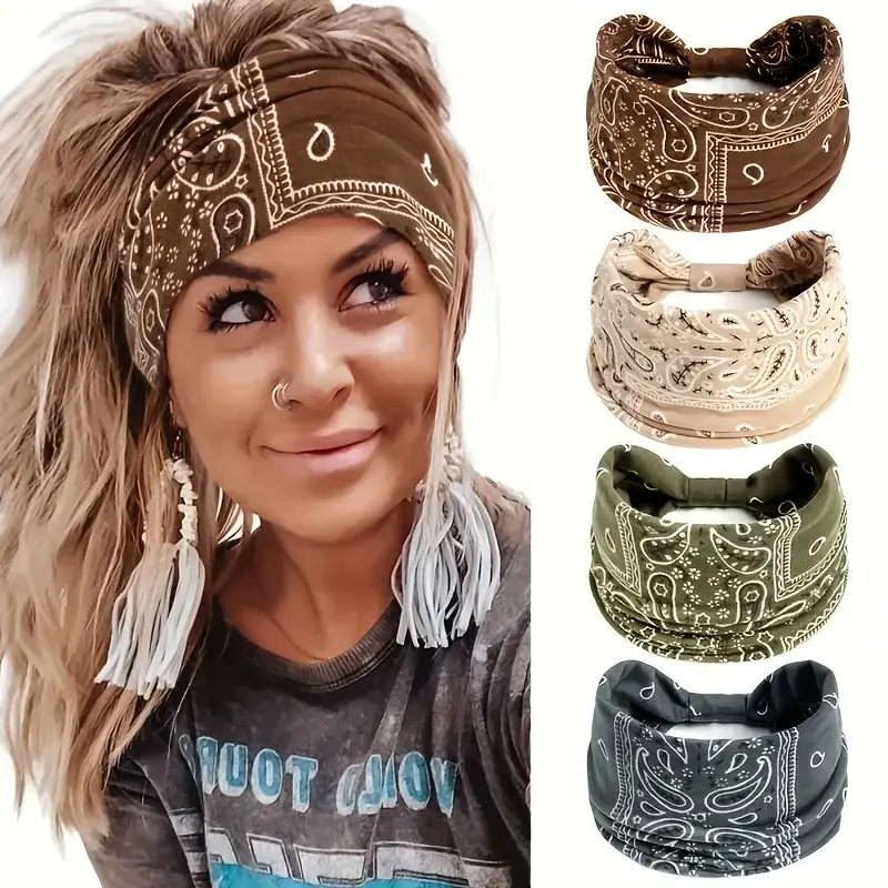 Wide Headbands for Women Non Slip Stylish Knotted Headhand Bandana Boho Head Bands African Head Wraps Yoga Workout Hair Accessories 4 Pack