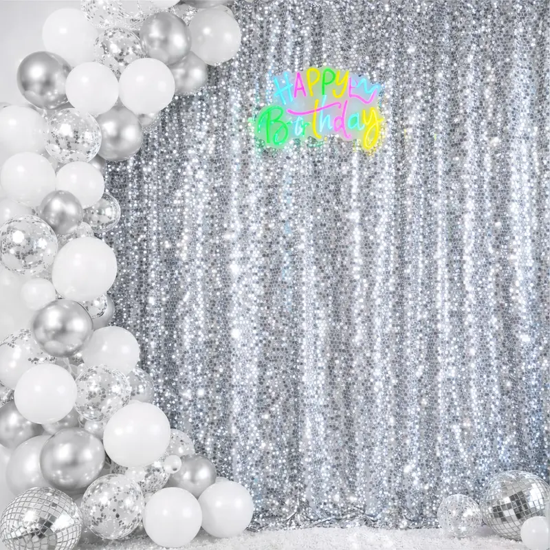 GLITZ HAPPY Silver Sequin Wall Hanging Curtain, 9ft x 8ft Decorative Fabric Sequins Backdrop Decoration, 4in Rod Pocket Densely Woven Durable Supply for Birthday Parties, Christmas