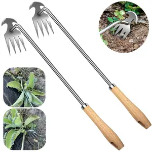 2pack 16inch Weed Puller Tool,Weeding Tool,4 Teeth Stainless Steel Hand Weeder for Effortless Weeding,Portable Uprooting Tool for Vegetable Gardening,Backyard,Farm (Wooden Handle&Stainless Steel)