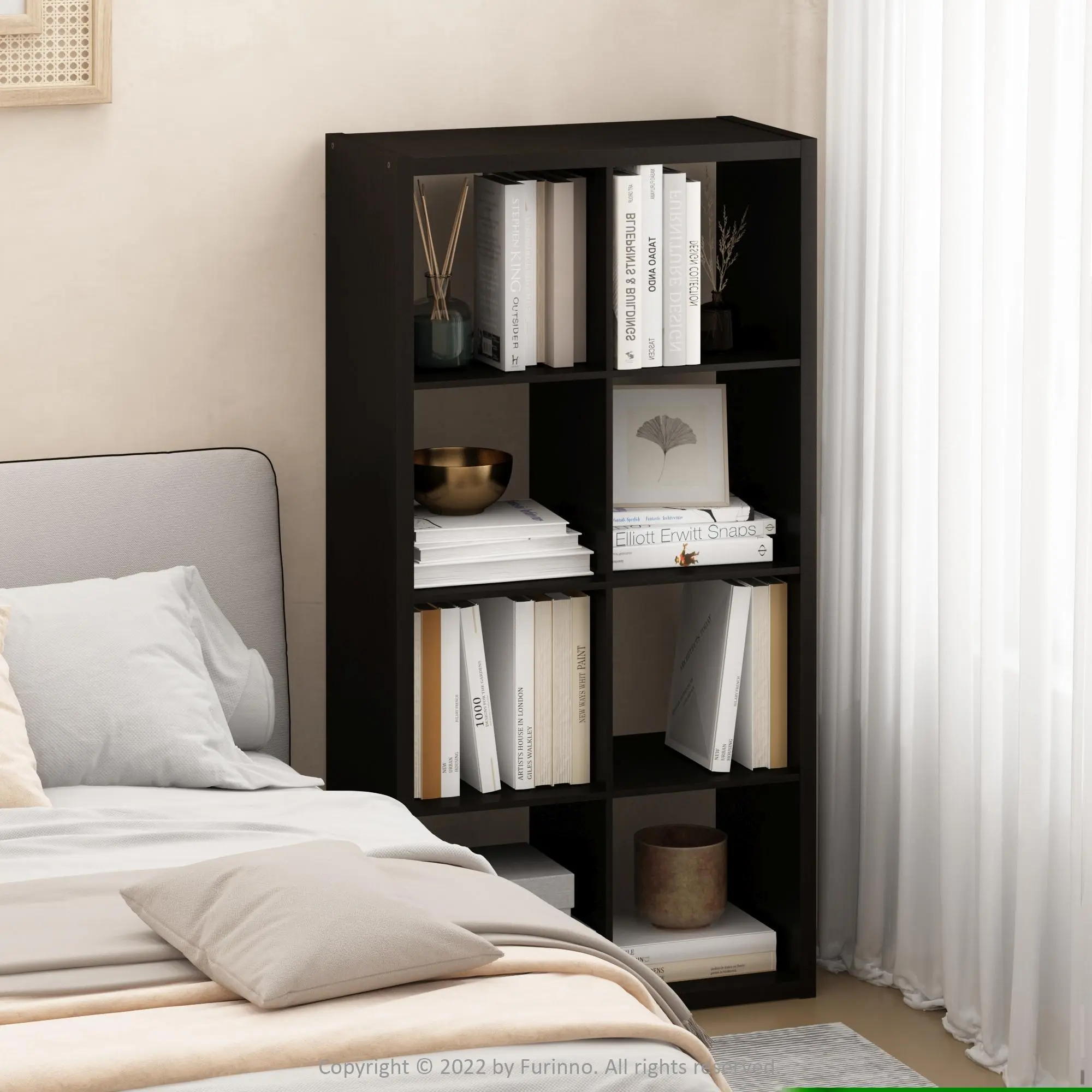 Horizontal 8-Cube Thick-Frame Open-Back Composite Wood Bookshelf, Reversible Modern Cubicle Shelf with Drawers, 14.6x30x57.9in, for Living Room, Home Office, Black Dark Oak Storage Unit