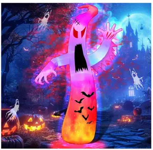 12Ft Halloween Inflatables Giant Ghost Outdoor Decorations Halloween Blow Up Garden Decor Outdoor with Colorful Flashing Flame Light for Outdoor/Home/Holiday/Party/Yard/Lawn